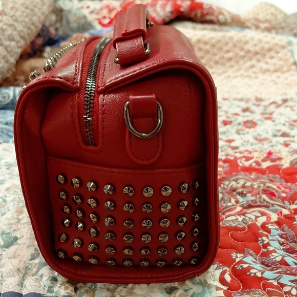 Stud-Trim Red Mini Top-Handle Bag with Tassel - Picture 2 of 6